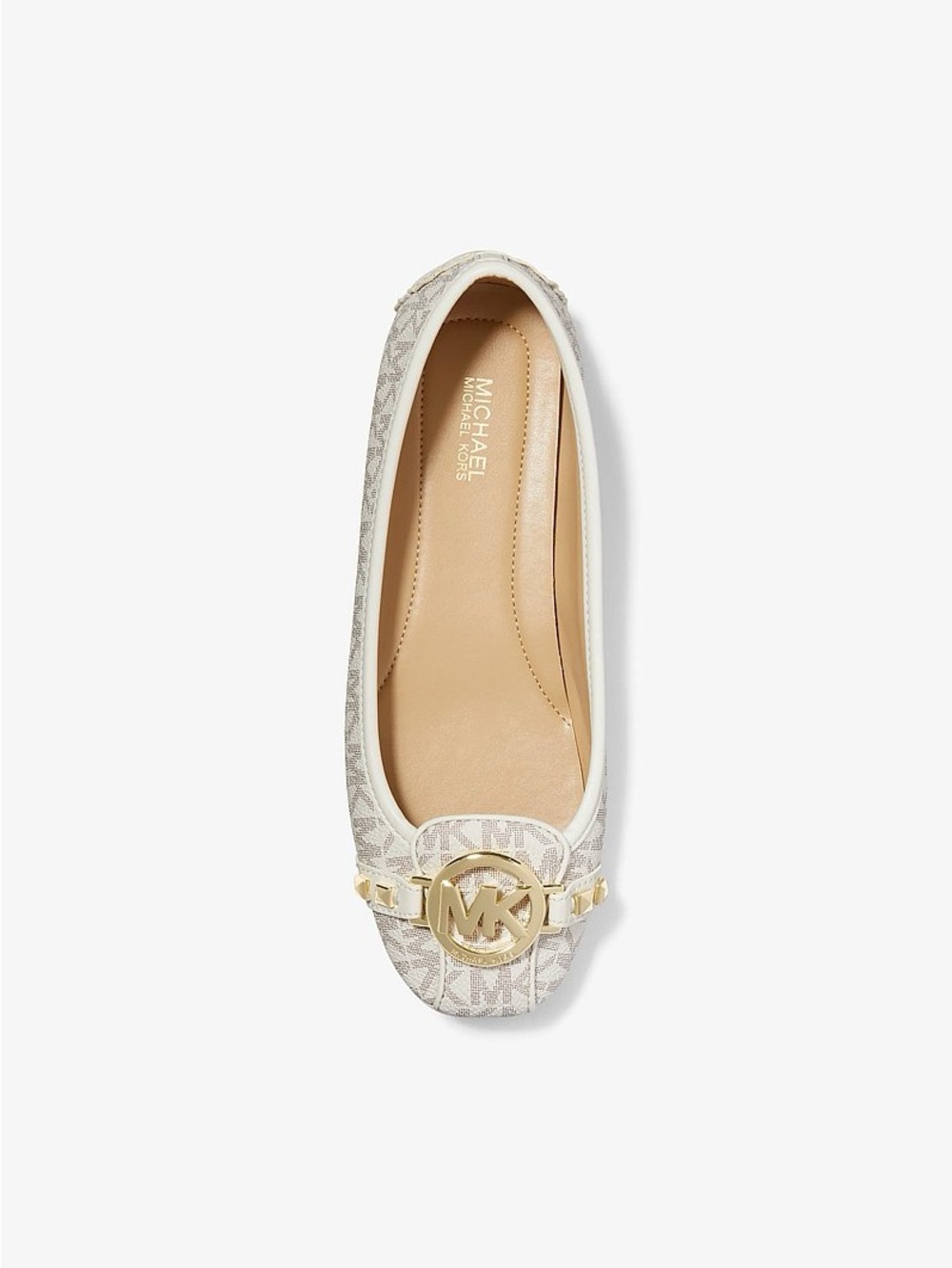 Michael Kors Women's White Logo Ballet Flat with Gold MK Accent